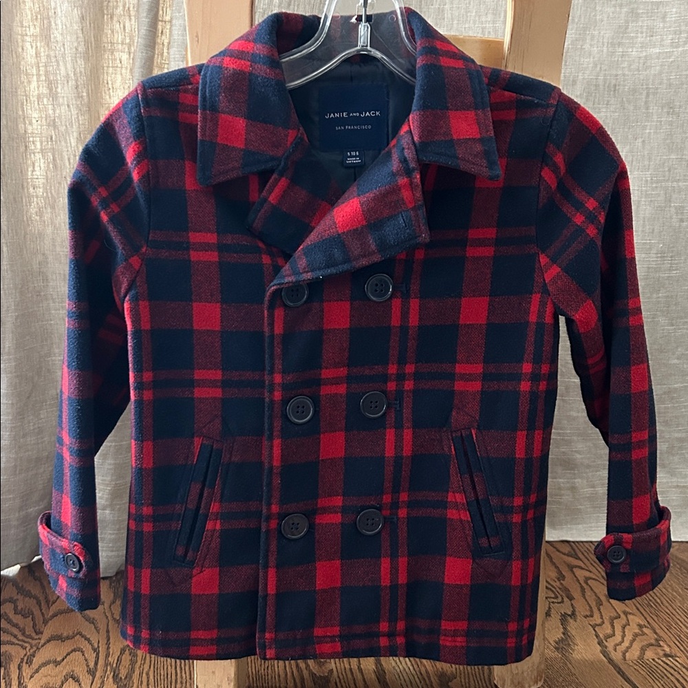 Janie and Jack Red and Black Checkered Peacoat